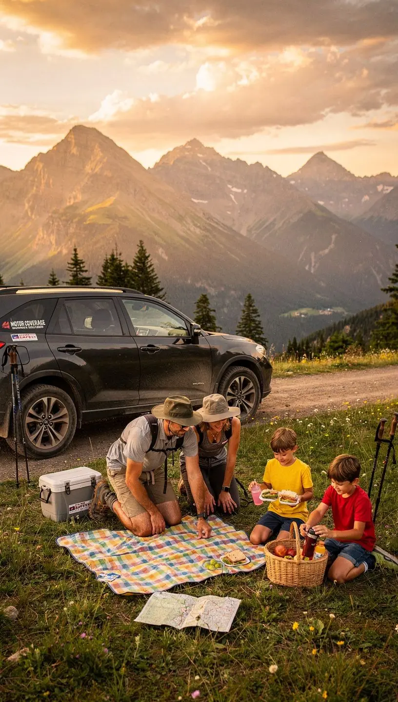 Счастливая семья, собирающаяся в поездку на своем автомобиле