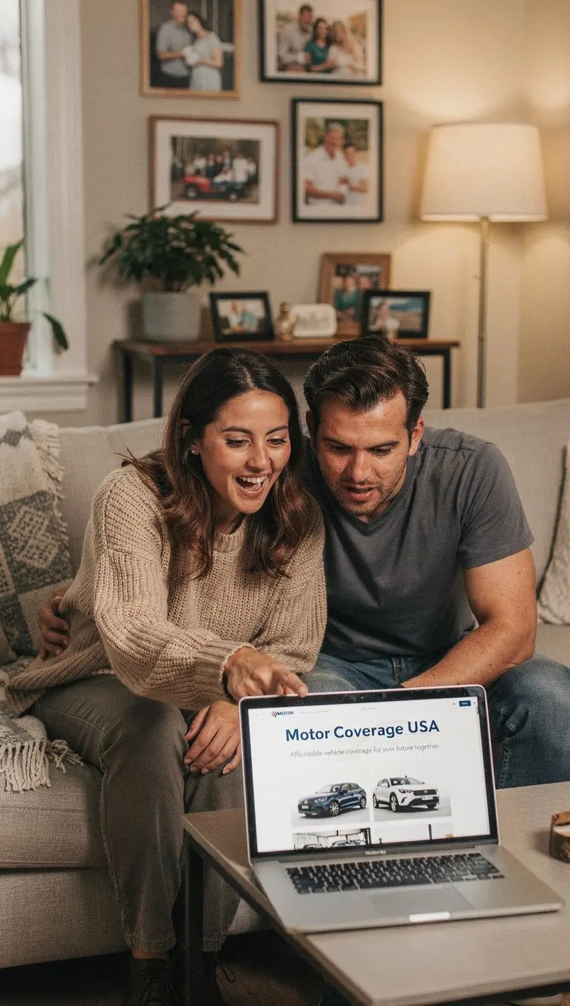 Изображение автомобиля на фоне городского пейзажа с рекламой доступного страхования.